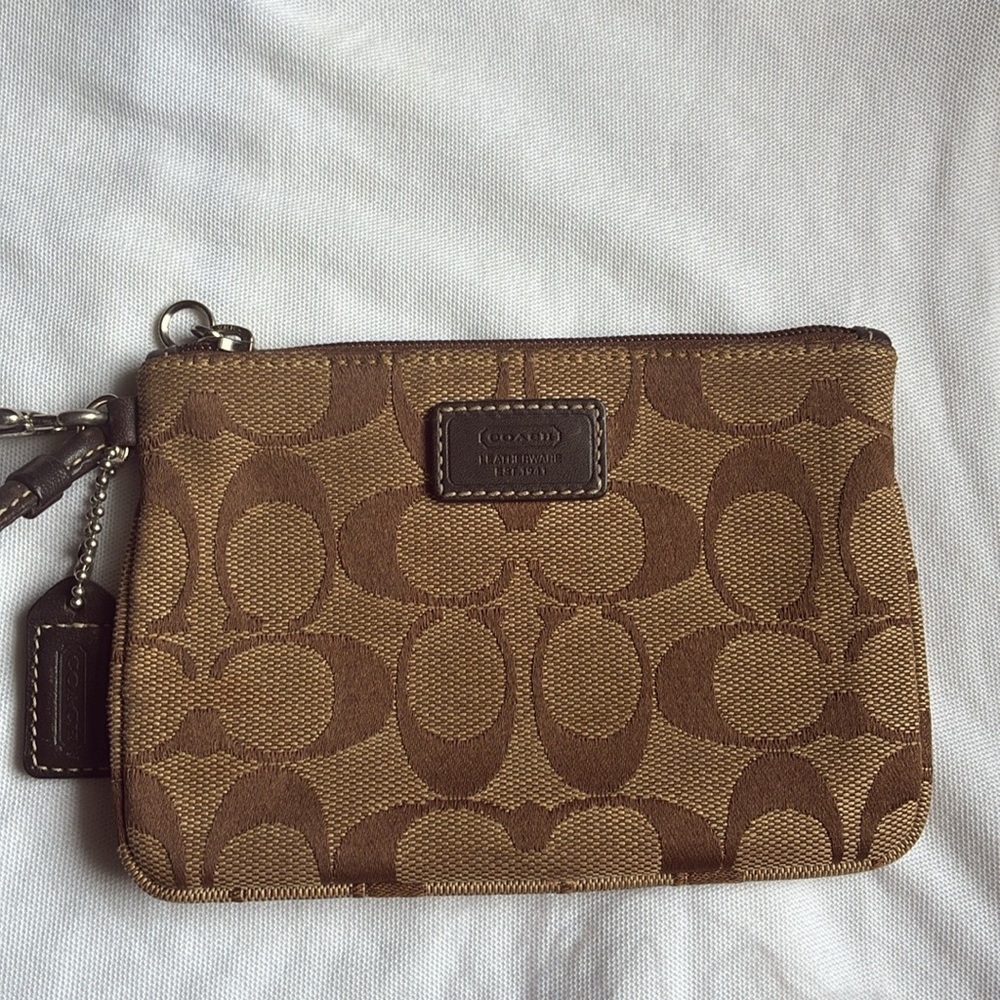 Coach Tan and Brown Signature Pouch Wristlet Bag